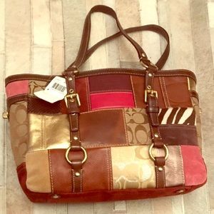 Coach Brown and red leather tote bag